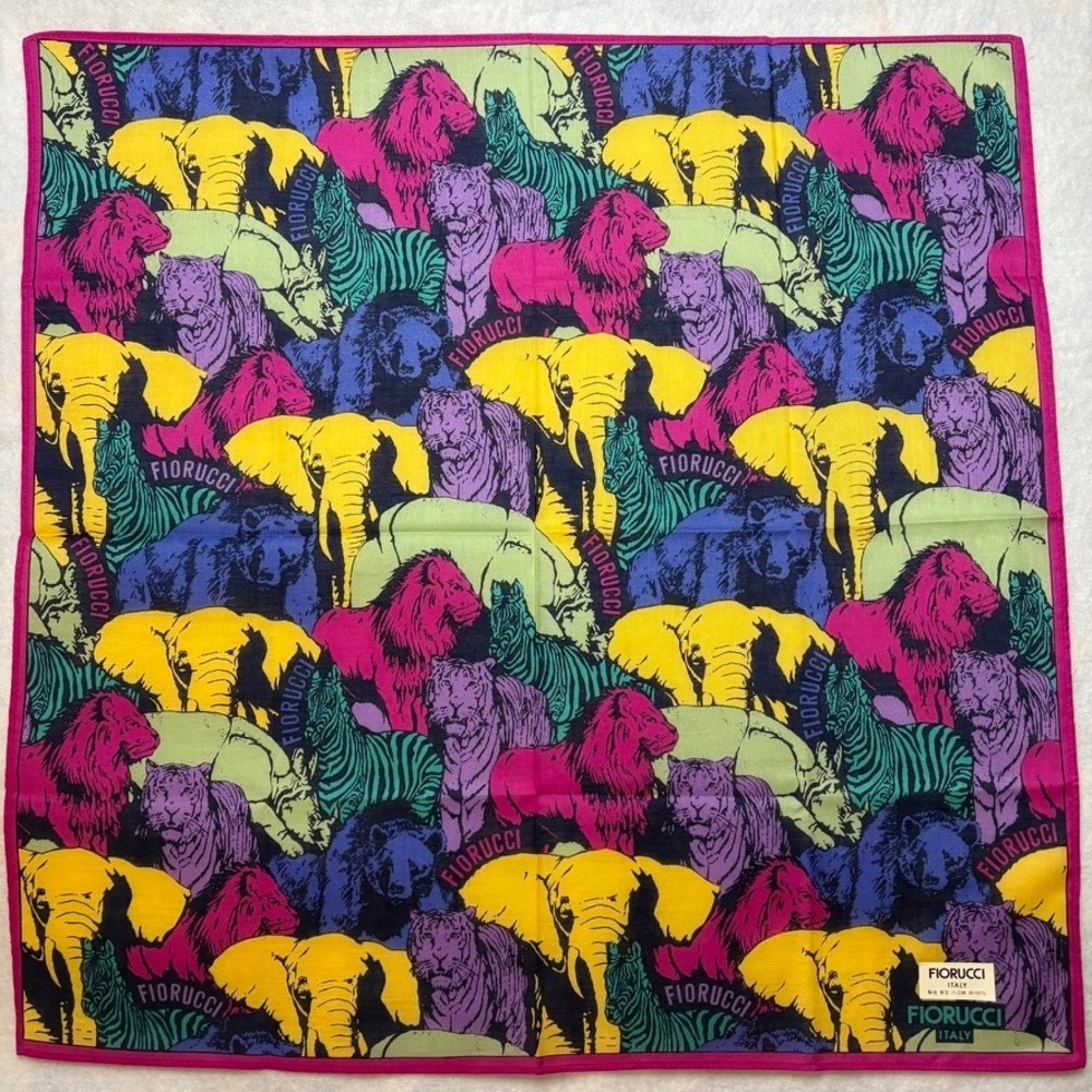 Vtg FIORUCCI Scarf Handkerchief Animal Safari Cotton Multi Color 17.5"